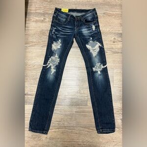 Machine Dark Blue Distressed Skinny Jeans w/ Rhinestones